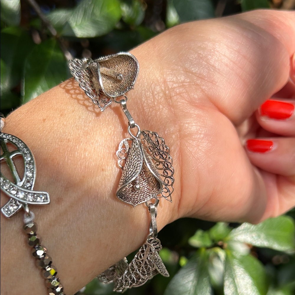 Vintage Sterling Silver Filigree Calla Lily Flower Bracelet